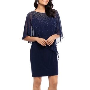 Xscape Navy Blue Studded Chiffon Asymmetrical Overlay Women’s Formal Dress Sz 14